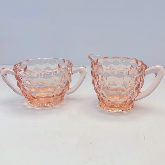 1930's Pink Depression Glass Cubist Jeanette Mid Century MCM Sugar Creamer - Picture 7 of 7